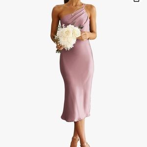 PRETTYGARDEN Women's Midi Satin Dress One Shoulder Spaghetti Strap Dress